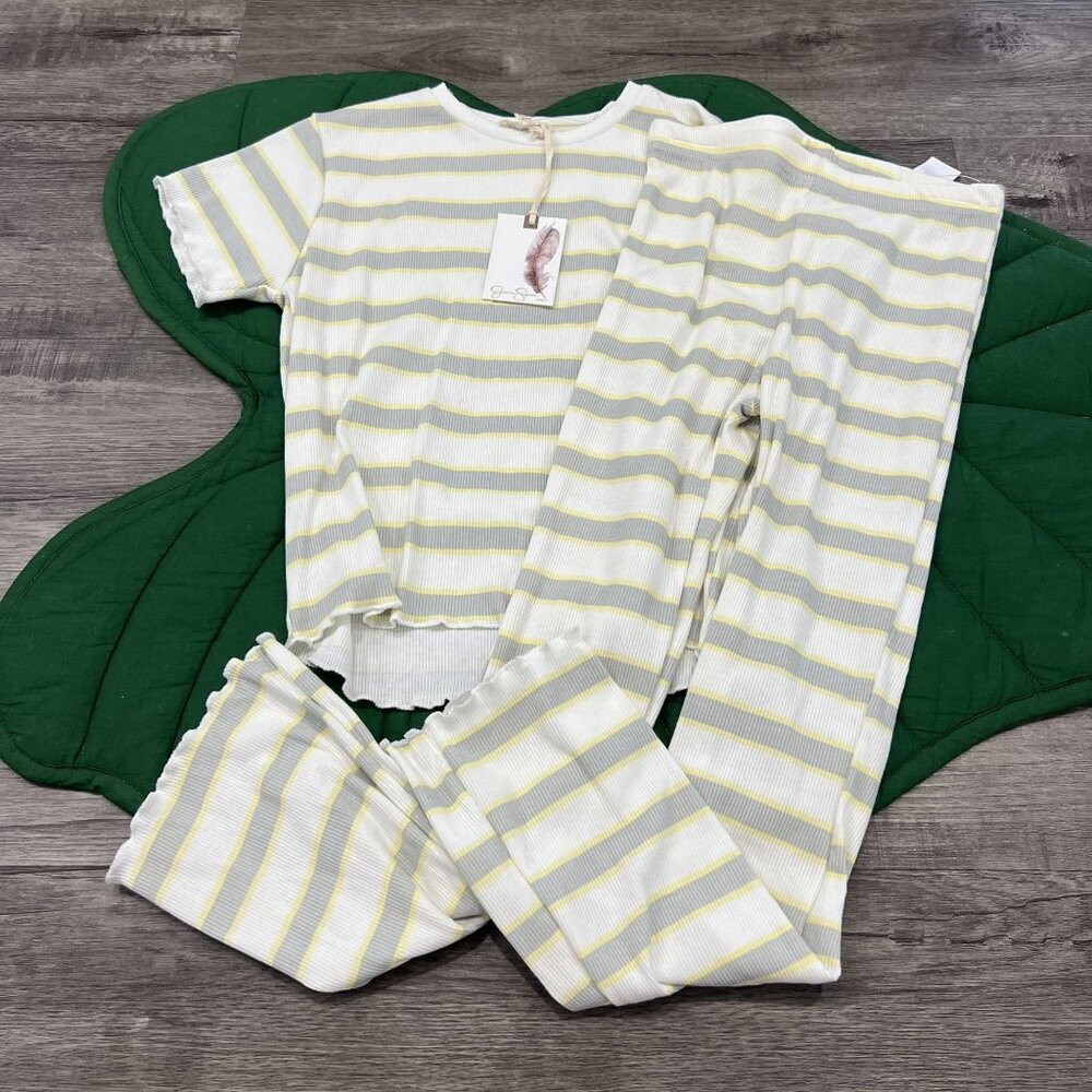Jessica Simpson Girls Medium 8 Ribbed Striped Set White Gray Yellow Lettuce Hem